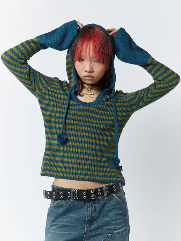 Clothing Regina Green and Blue Knitted Hoodie Minga London Sweaters