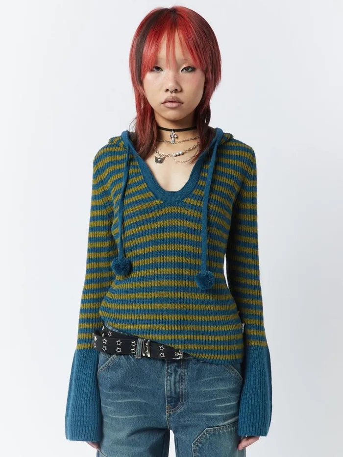 Clothing Regina Green and Blue Knitted Hoodie Minga London Sweaters