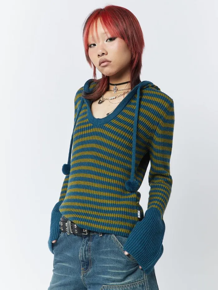 Clothing Regina Green and Blue Knitted Hoodie Minga London Sweaters