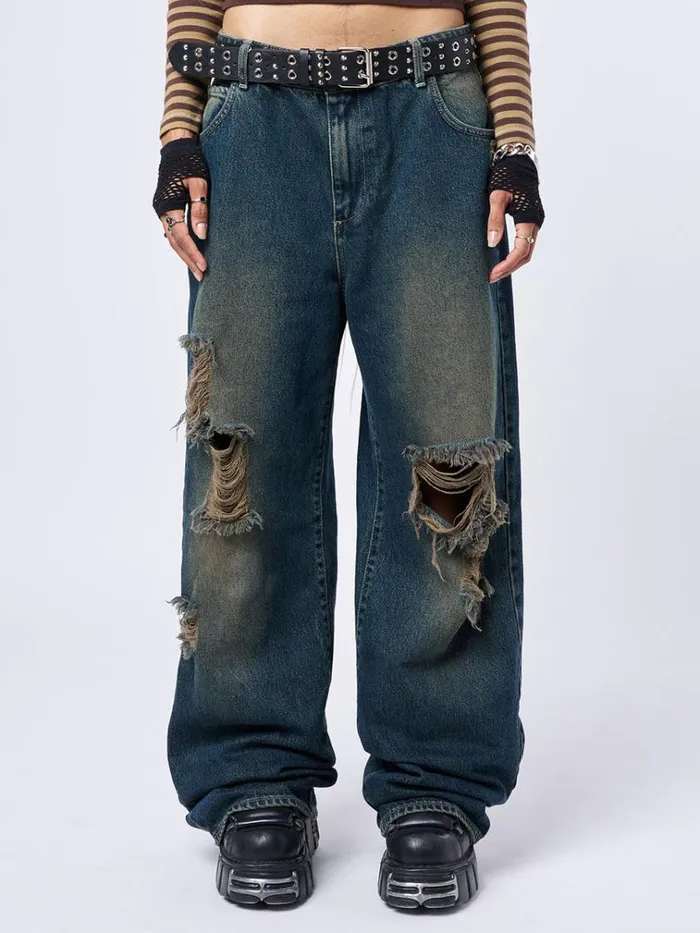 Clothing RIP039 Washed Blue Loose Baggy Jeans Minga London Jeans