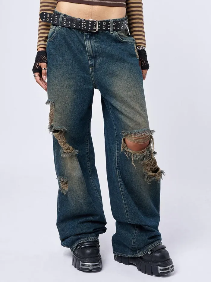 Clothing RIP039 Washed Blue Loose Baggy Jeans Minga London Jeans
