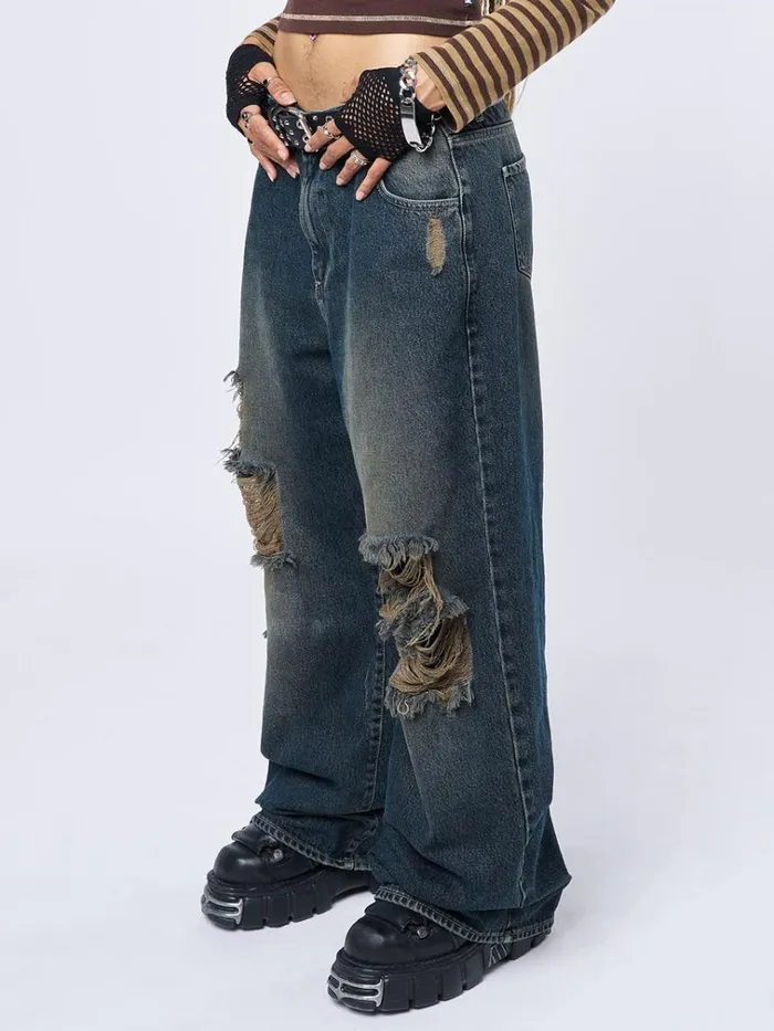 Clothing RIP039 Washed Blue Loose Baggy Jeans Minga London Jeans
