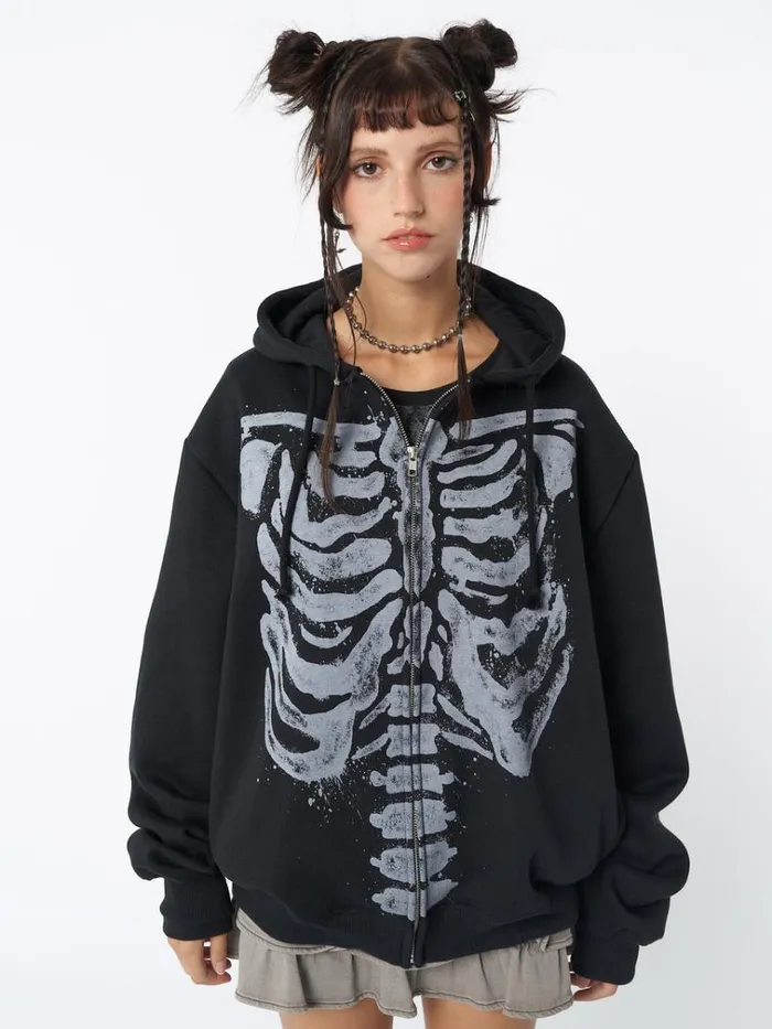 Clothing Skeleton Black Oversized Zip Up Hoodie Minga London Jackets