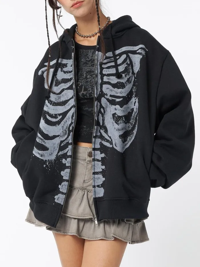 Clothing Skeleton Black Oversized Zip Up Hoodie Minga London Jackets
