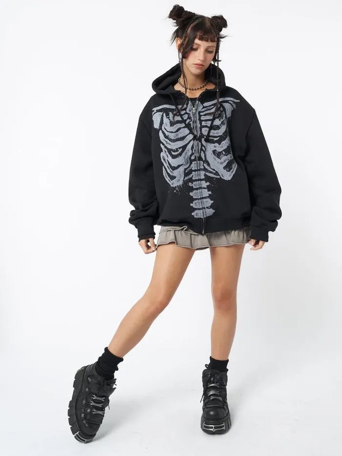 Clothing Skeleton Black Oversized Zip Up Hoodie Minga London Jackets