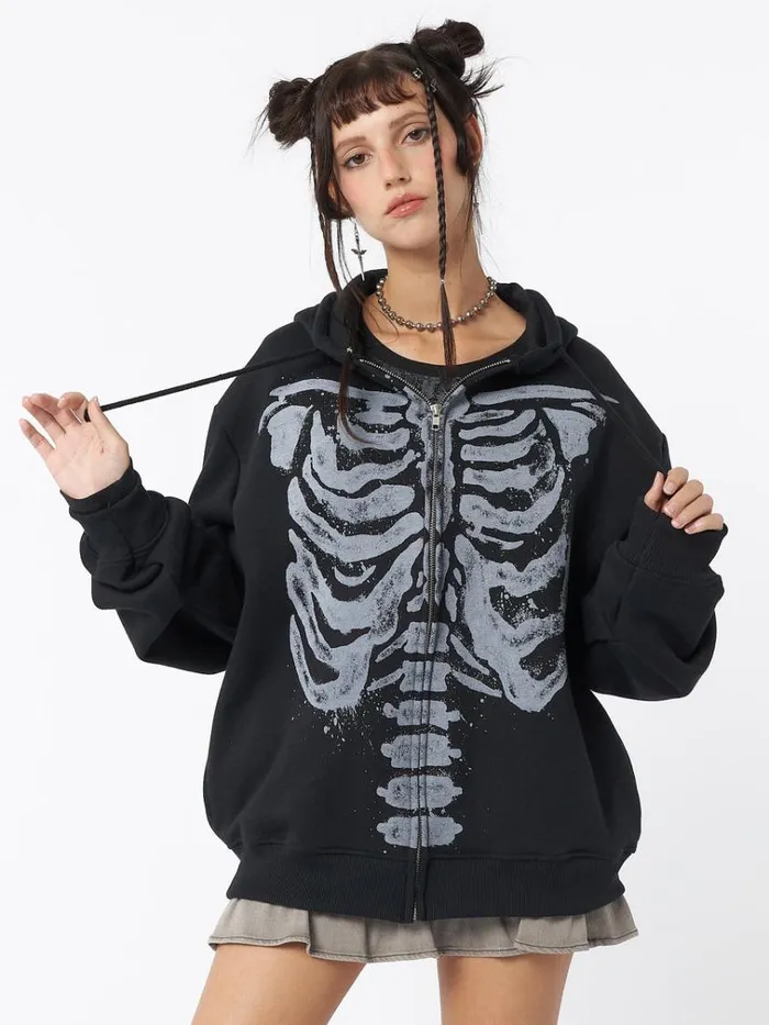 Clothing Skeleton Black Oversized Zip Up Hoodie Minga London Jackets