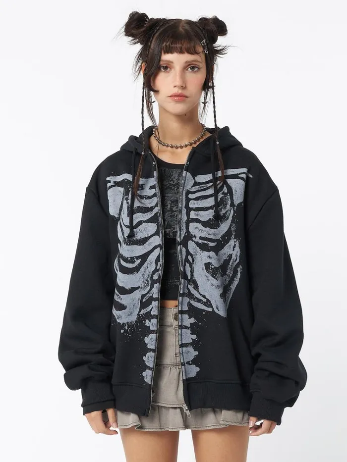 Clothing Skeleton Black Oversized Zip Up Hoodie Minga London Jackets