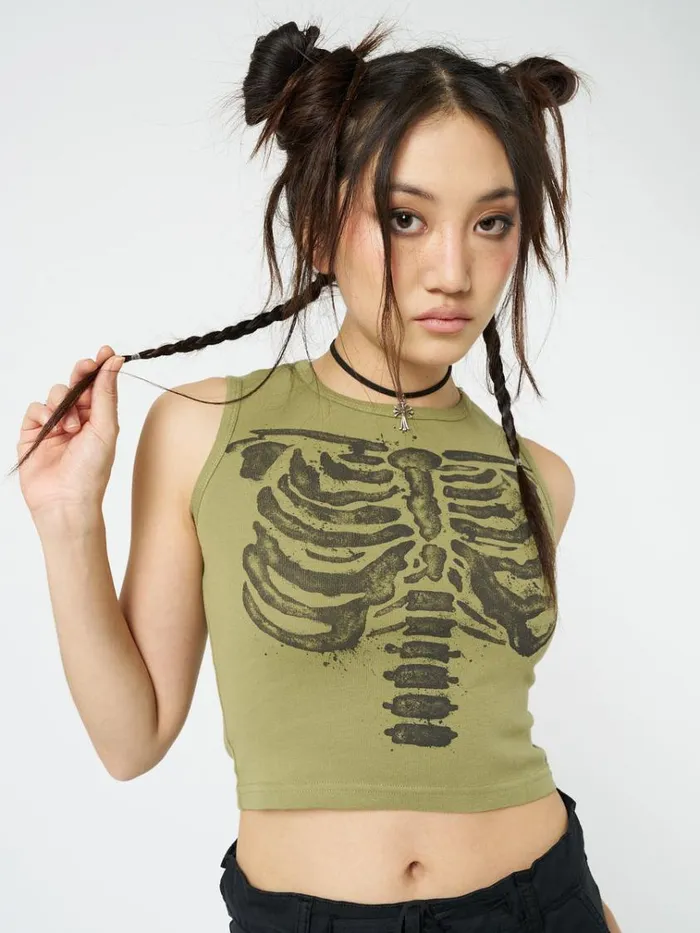 Clothing Skeleton Green Graphic Print Vest Top Minga London Tank Tops