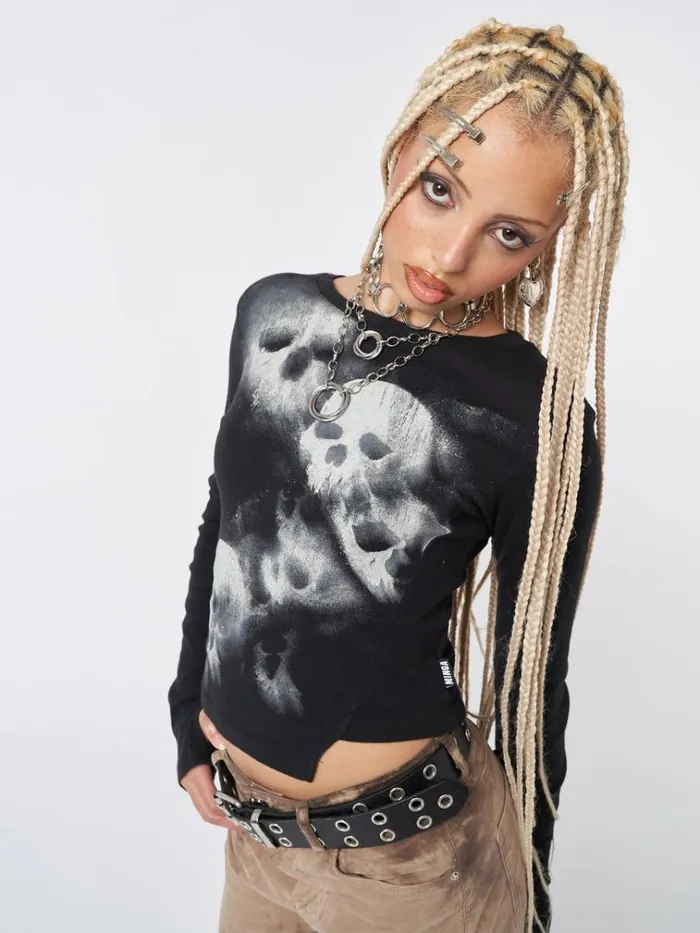 Clothing Skull Crusher Black Asymmetric Top Minga London Long Sleeve Tops