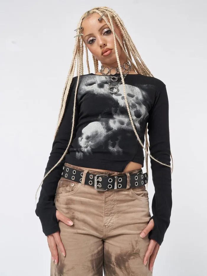 Clothing Skull Crusher Black Asymmetric Top Minga London Long Sleeve Tops