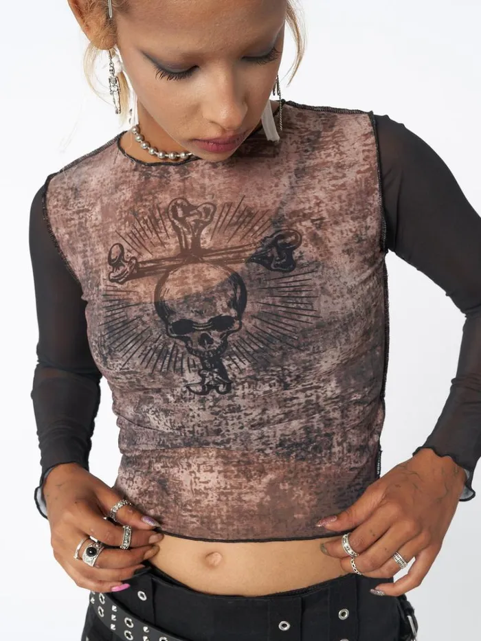 Clothing Skull Smash Contrast Mesh Top Minga London Long Sleeve Tops