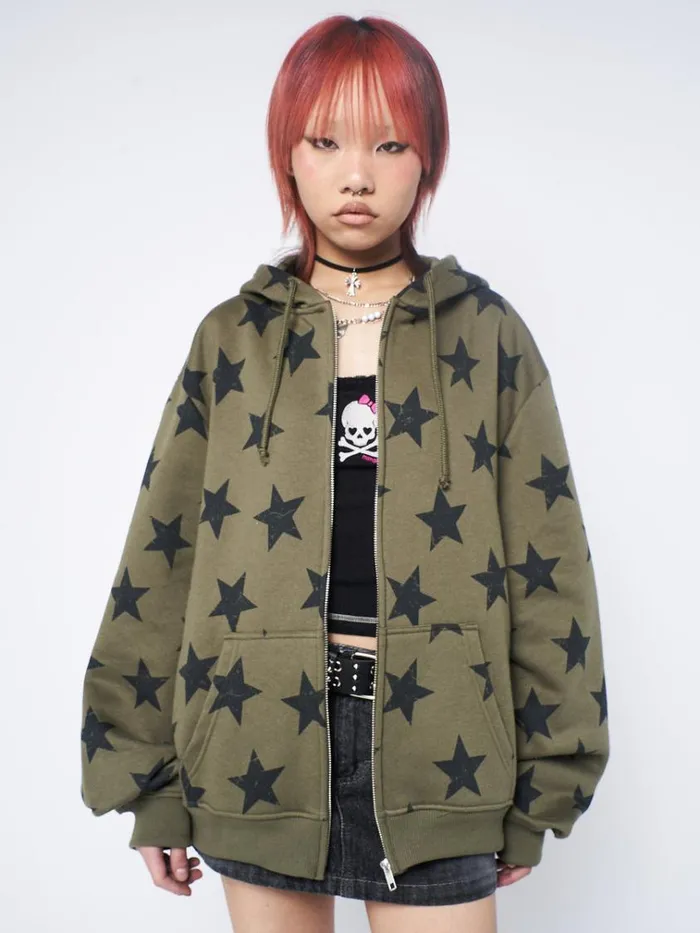 Clothing Star Print Green Oversized Zip Up Hoodie Minga London Jackets
