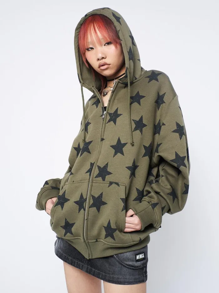 Clothing Star Print Green Oversized Zip Up Hoodie Minga London Jackets