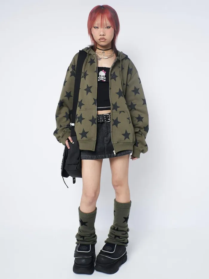 Clothing Star Print Green Oversized Zip Up Hoodie Minga London Jackets