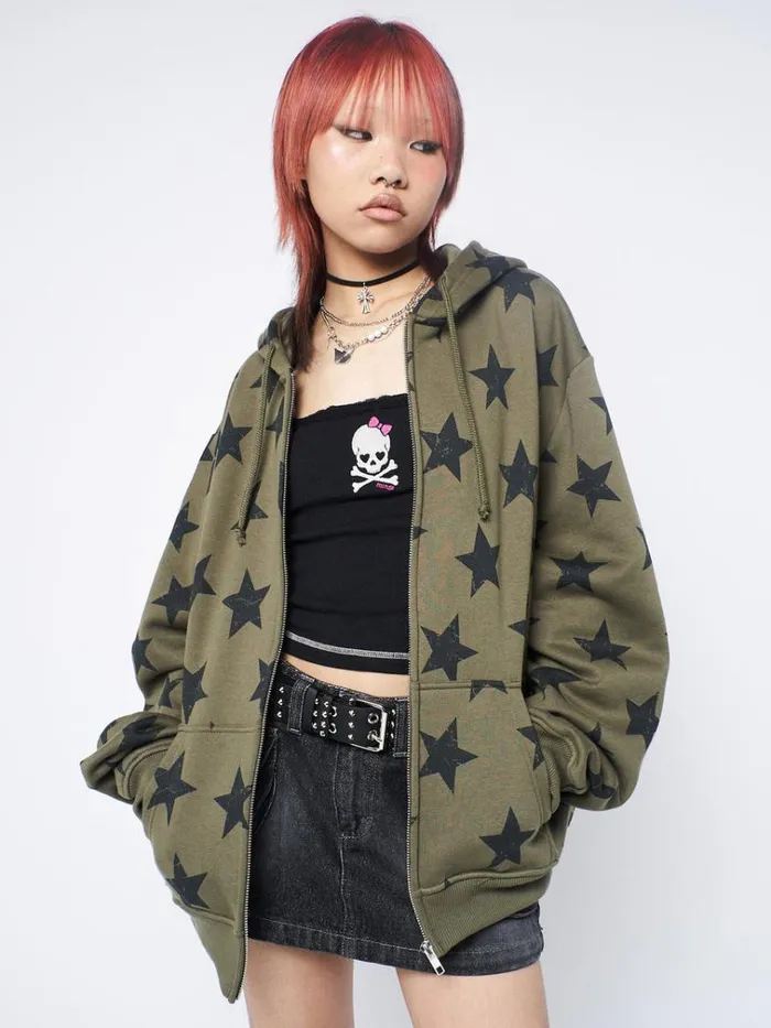 Clothing Star Print Green Oversized Zip Up Hoodie Minga London Jackets