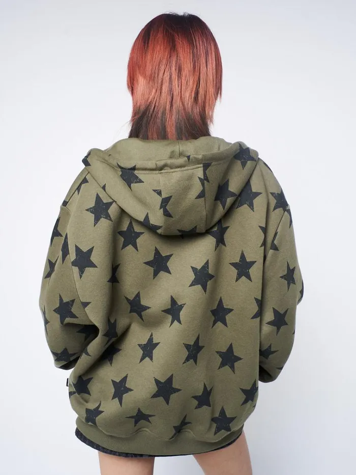 Clothing Star Print Green Oversized Zip Up Hoodie Minga London Jackets