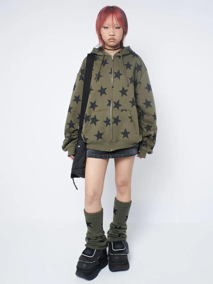 Clothing Star Print Green Oversized Zip Up Hoodie Minga London Jackets