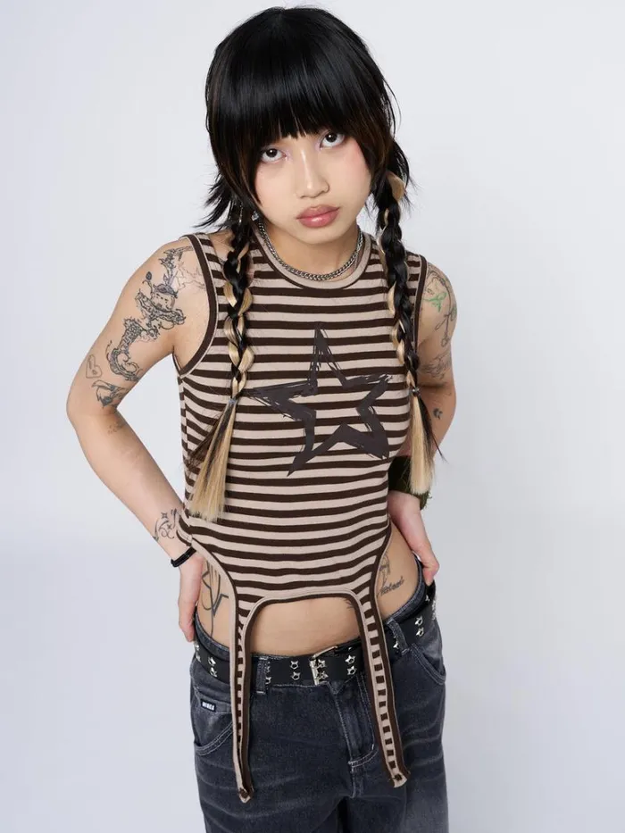 Clothing Star Sketch Beige Striped Straps Top Minga London Tank Tops
