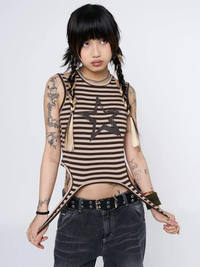 Clothing Star Sketch Beige Striped Straps Top Minga London Tank Tops