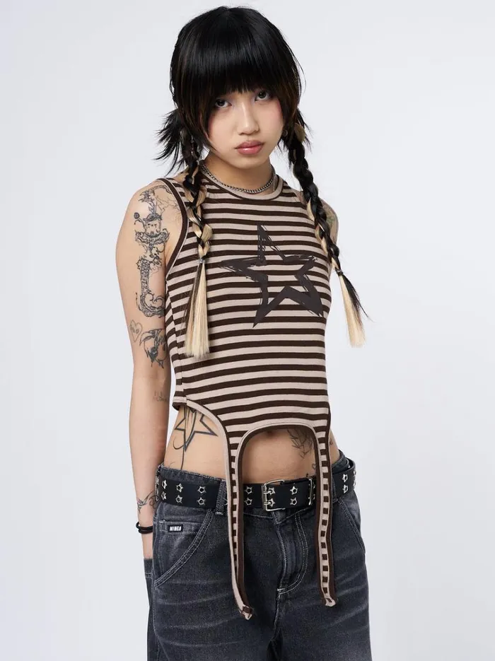 Clothing Star Sketch Beige Striped Straps Top Minga London Tank Tops