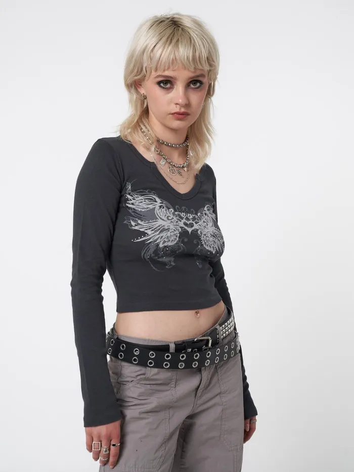 Clothing Strass Heart Wings Crop Top Minga London Long Sleeve Tops