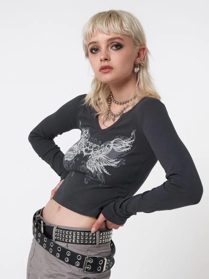 Clothing Strass Heart Wings Crop Top Minga London Long Sleeve Tops