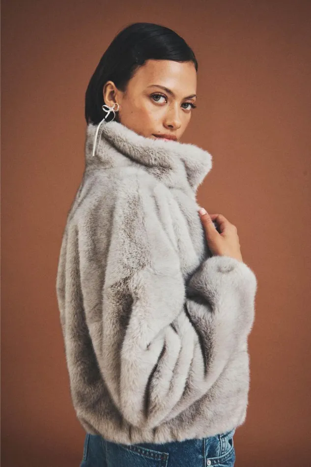 Clothing Supr Jackets and Puffers Brooke Cropped Faux Fur Jacket Grey