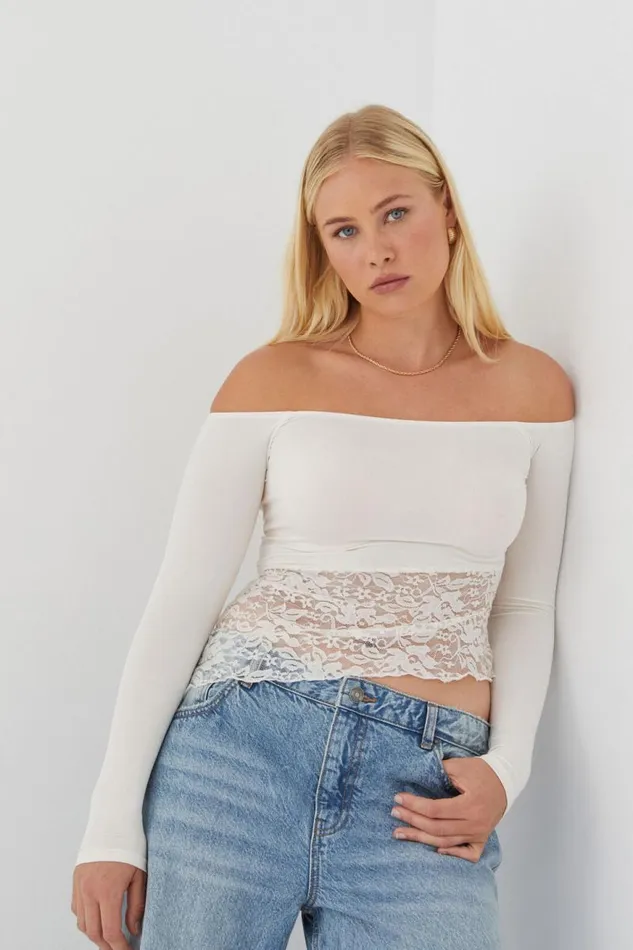Clothing Supr Long Sleeve Tops Nessa Splice Off Shoulder Top Summer White