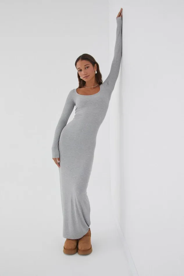 Clothing Supr Maxi Dresses Bridget Long Sleeve Dress Grey Marle