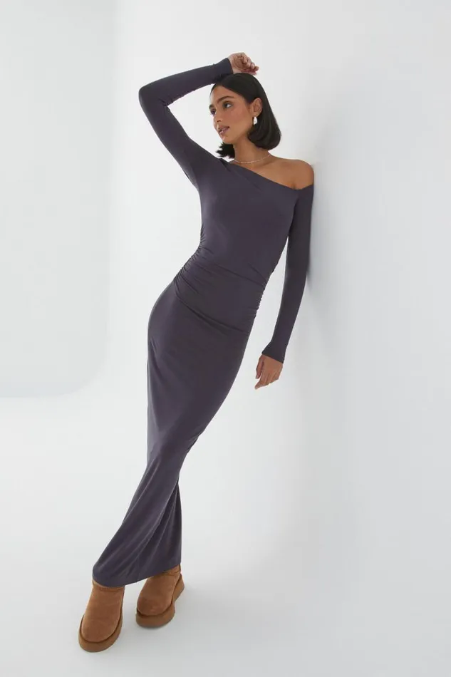 Clothing Supr Maxi Dresses Soft Ruched Long Sleeve Maxi Dress Gun Metal