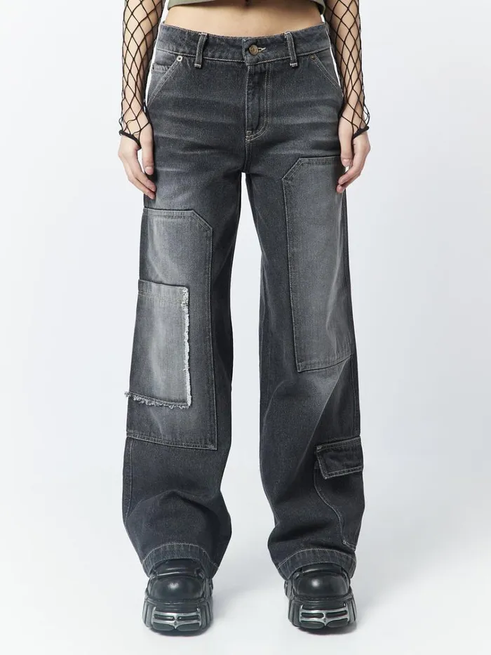 Clothing Track Black Multi Pocket Overdye Cargo Jeans Minga London Jeans