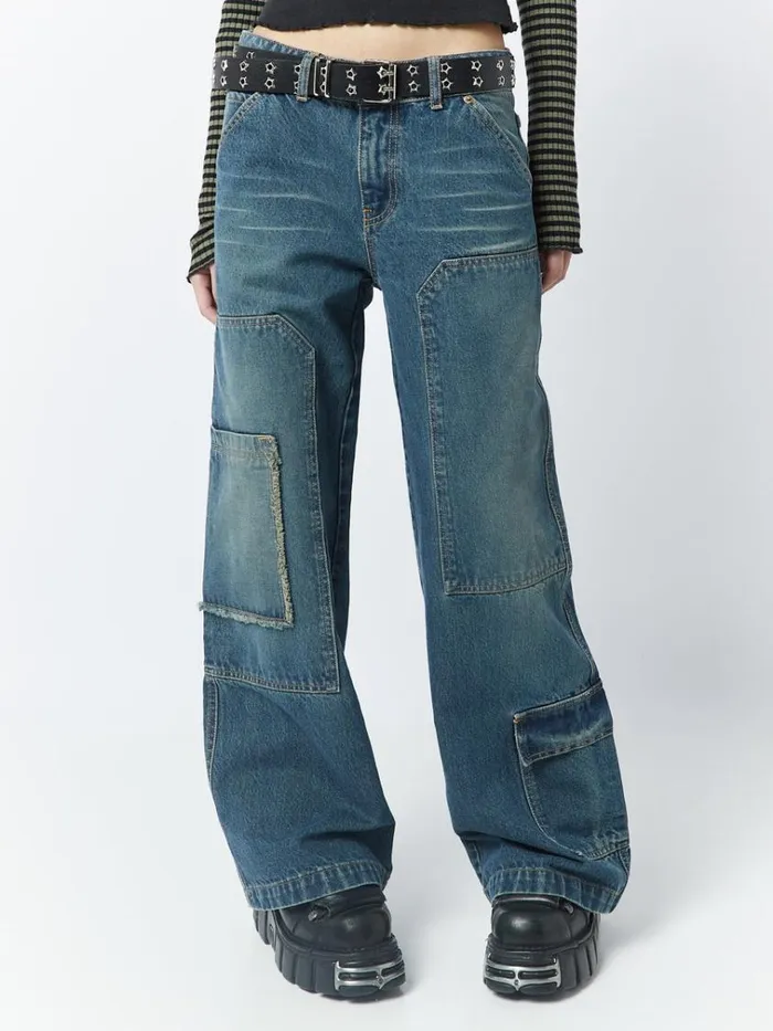 Clothing Track Blue Multi Pocket Overdye Cargo Jeans Minga London Jeans