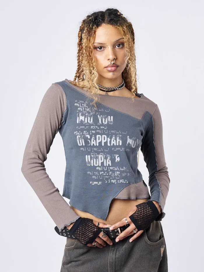 Clothing Utopia Brown Grey Graphic Asymmetrical Top Minga London Long Sleeve Tops Clothing Utopia Brown Grey Graphic Asymmetrical Top Minga London Long Sleeve Tops