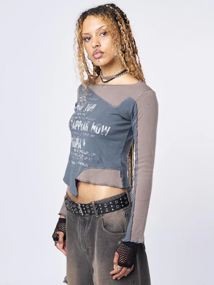 Clothing Utopia Brown Grey Graphic Asymmetrical Top Minga London Long Sleeve Tops