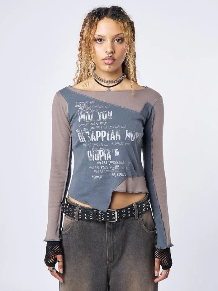 Clothing Utopia Brown Grey Graphic Asymmetrical Top Minga London Long Sleeve Tops