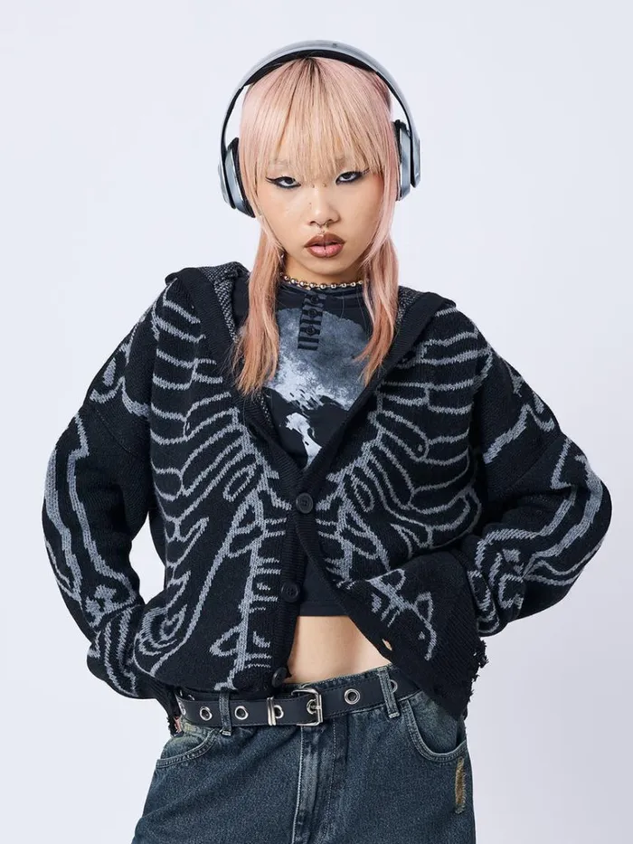 Clothing XRay Jacquard Black Hooded Knit Cardigan Minga London Jackets