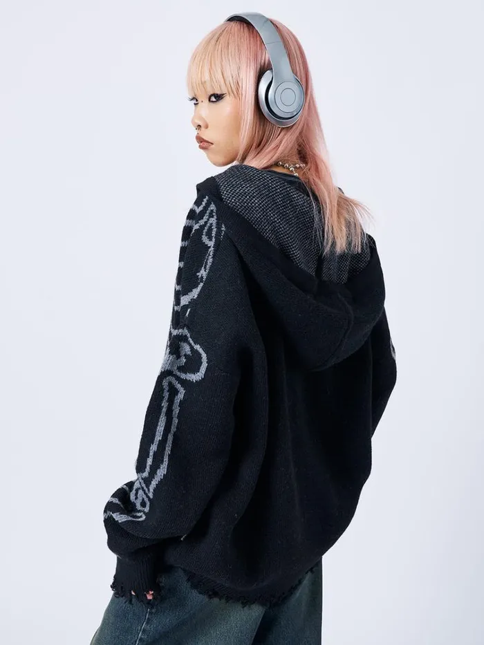 Clothing XRay Jacquard Black Hooded Knit Cardigan Minga London Jackets
