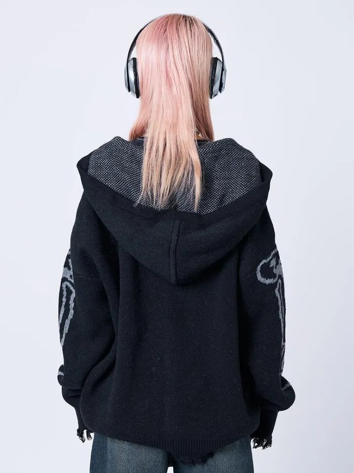 Clothing XRay Jacquard Black Hooded Knit Cardigan Minga London Jackets