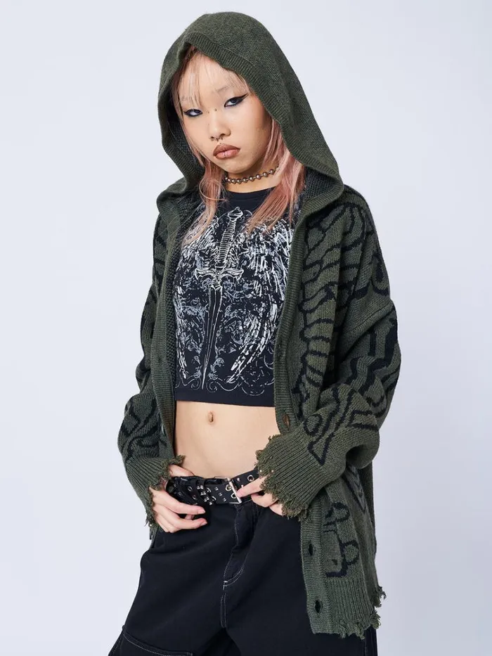 Clothing Xray Jacquard Green Hooded Knit Cardigan Minga London Jackets