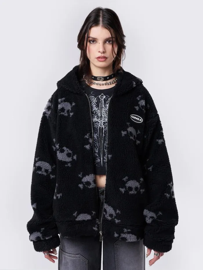Clothing Zaya Skull Fleece Zip Up Hooded Jacket Minga London Jackets