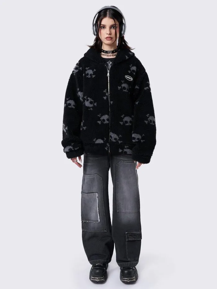 Clothing Zaya Skull Fleece Zip Up Hooded Jacket Minga London Jackets