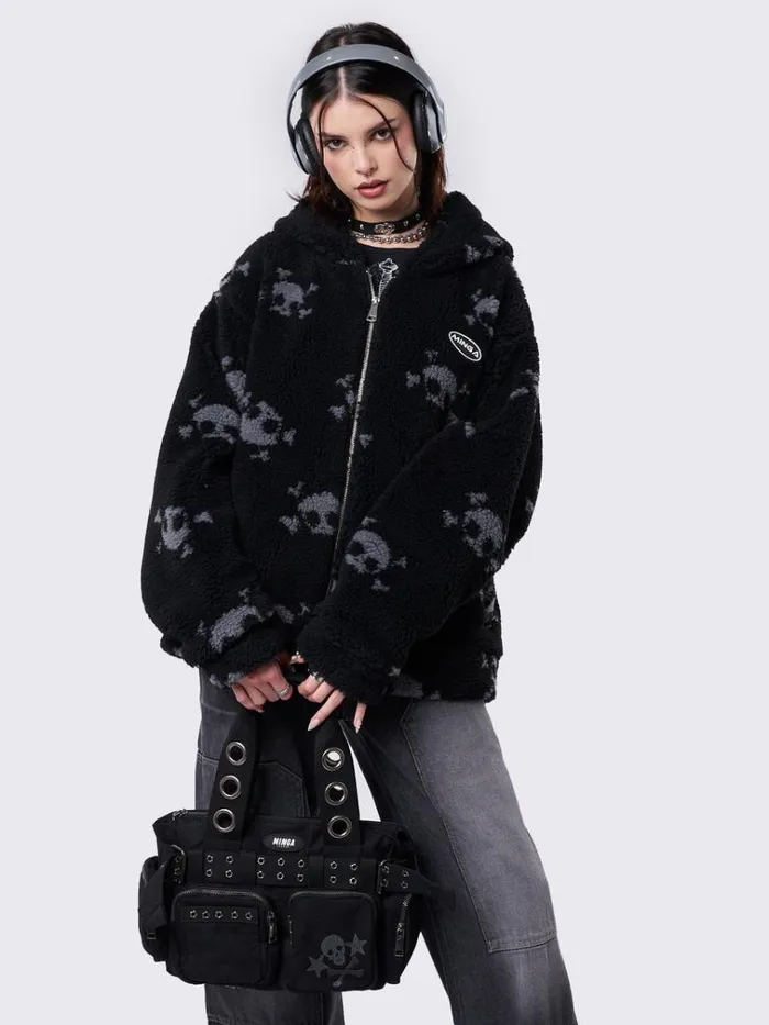 Clothing Zaya Skull Fleece Zip Up Hooded Jacket Minga London Jackets