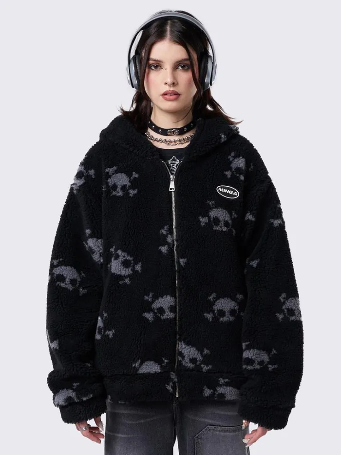Clothing Zaya Skull Fleece Zip Up Hooded Jacket Minga London Jackets