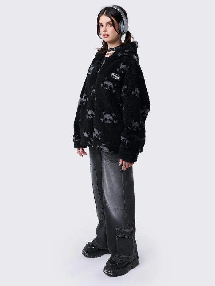 Clothing Zaya Skull Fleece Zip Up Hooded Jacket Minga London Jackets