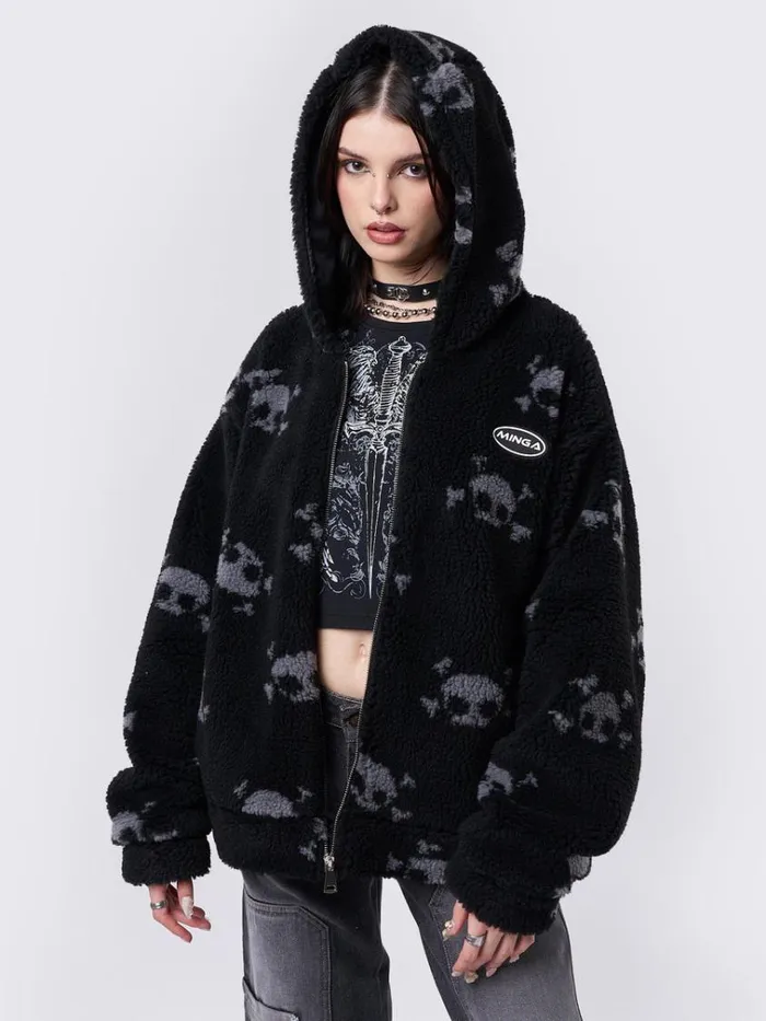 Clothing Zaya Skull Fleece Zip Up Hooded Jacket Minga London Jackets