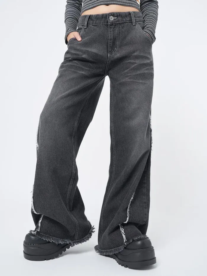 Clothing Zoe Washed Black Distressed Wide Leg Jeans Minga London Jeans