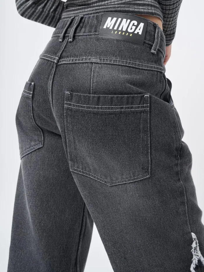 Clothing Zoe Washed Black Distressed Wide Leg Jeans Minga London Jeans
