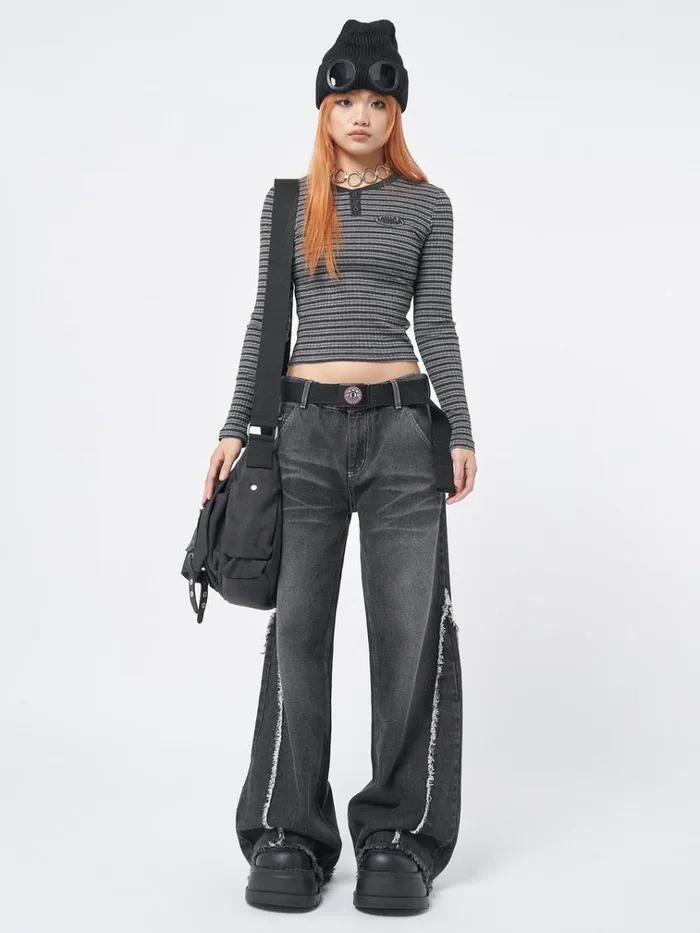 Clothing Zoe Washed Black Distressed Wide Leg Jeans Minga London Jeans