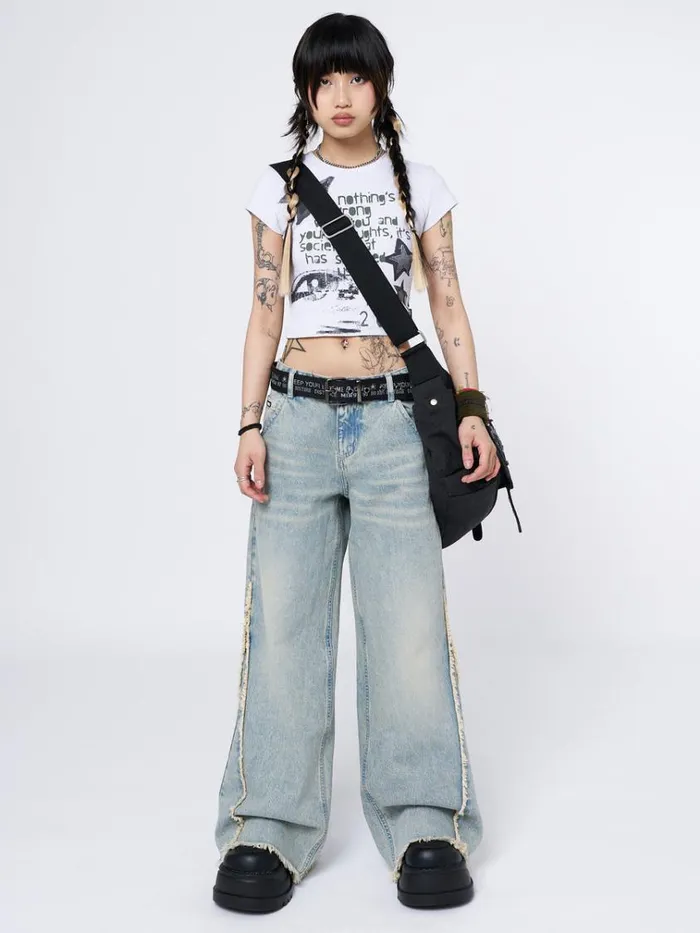 Clothing Zoe Washed Blue Distressed Wide Leg Jeans Minga London Jeans