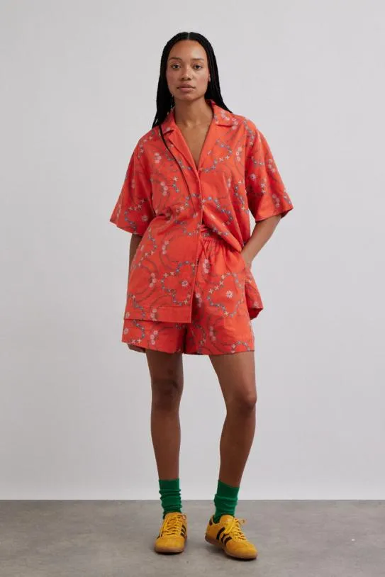 Coords Women Damson Madder Table Cloth Shorts 8211 Red Flower Embroidery